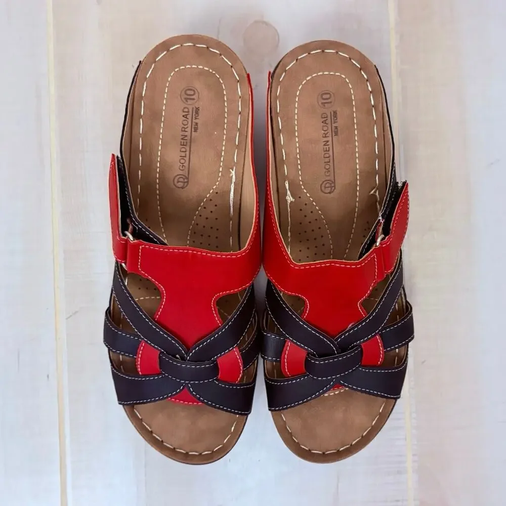 Golden Road Red and Black Comfort Wedge Sandals Sz 10 Slip On Casual Adjustable